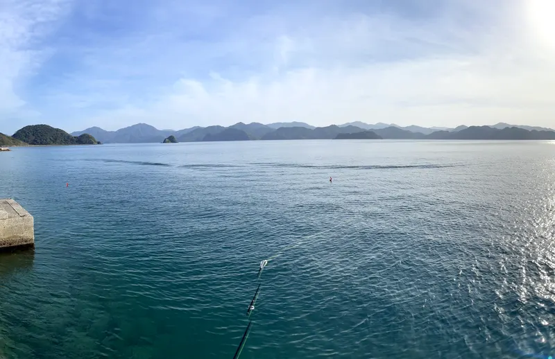 山に囲まれた静かな海と、手前の堤防